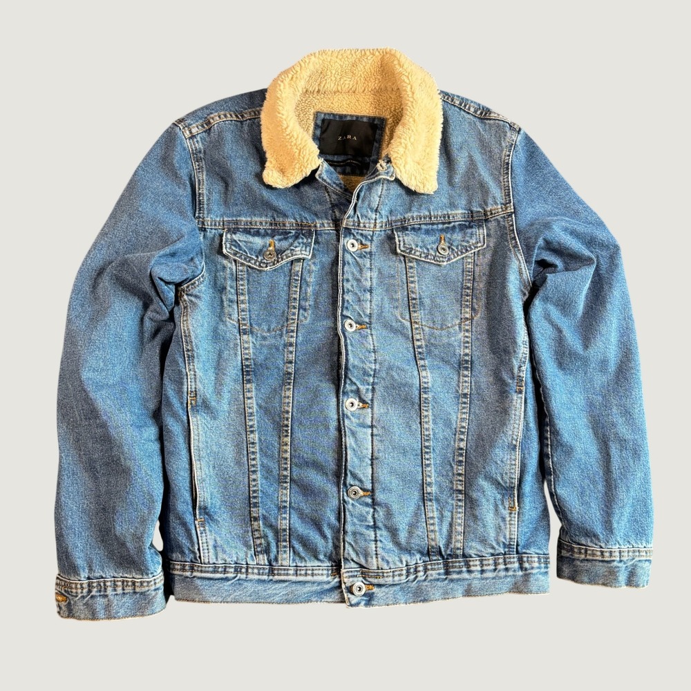 Zara Mens Denim Trucker Jacket Large Blue Cotton Faux Shearling Lined Sherpa